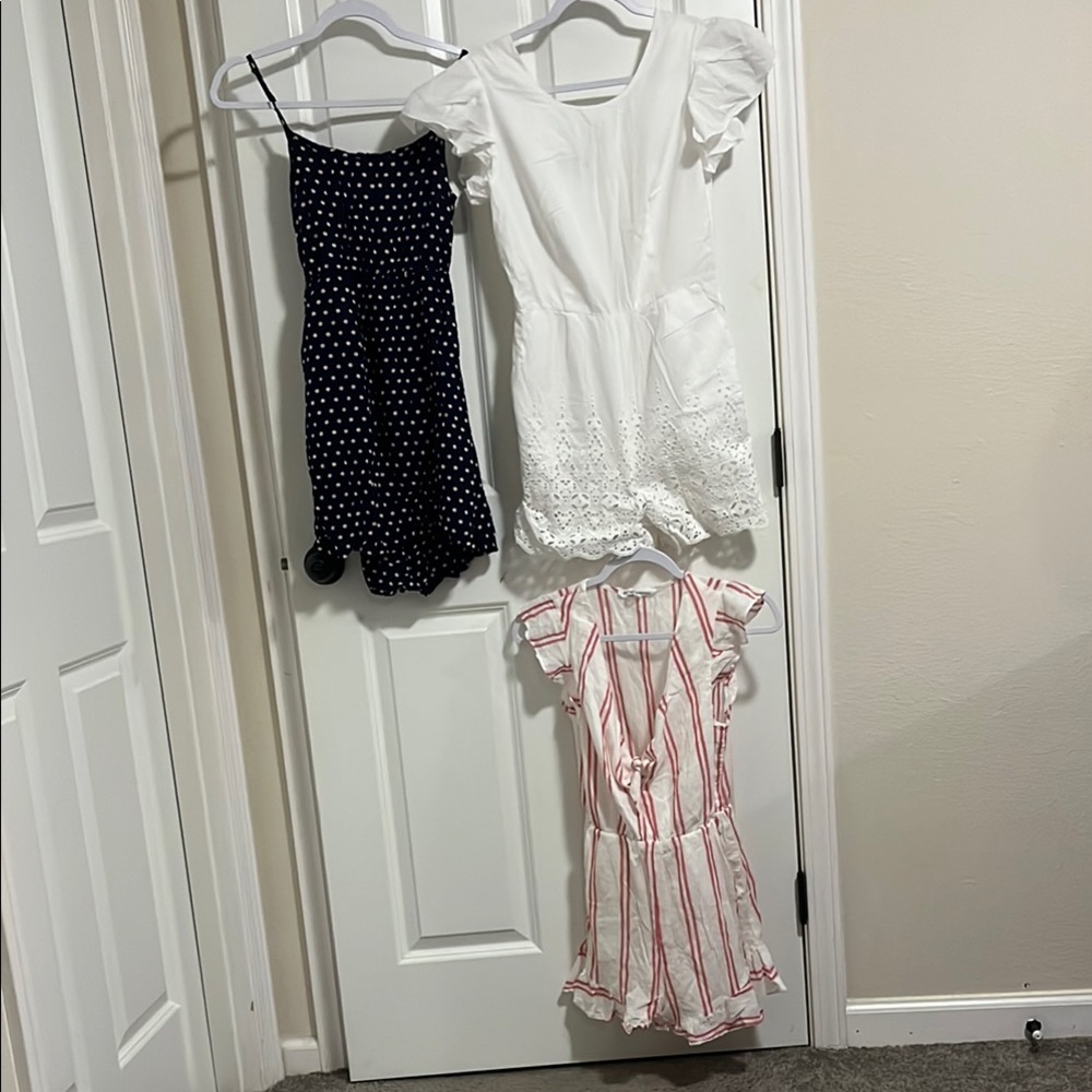 3 Set Dotted, White Eyelet, and Striped Romper Set